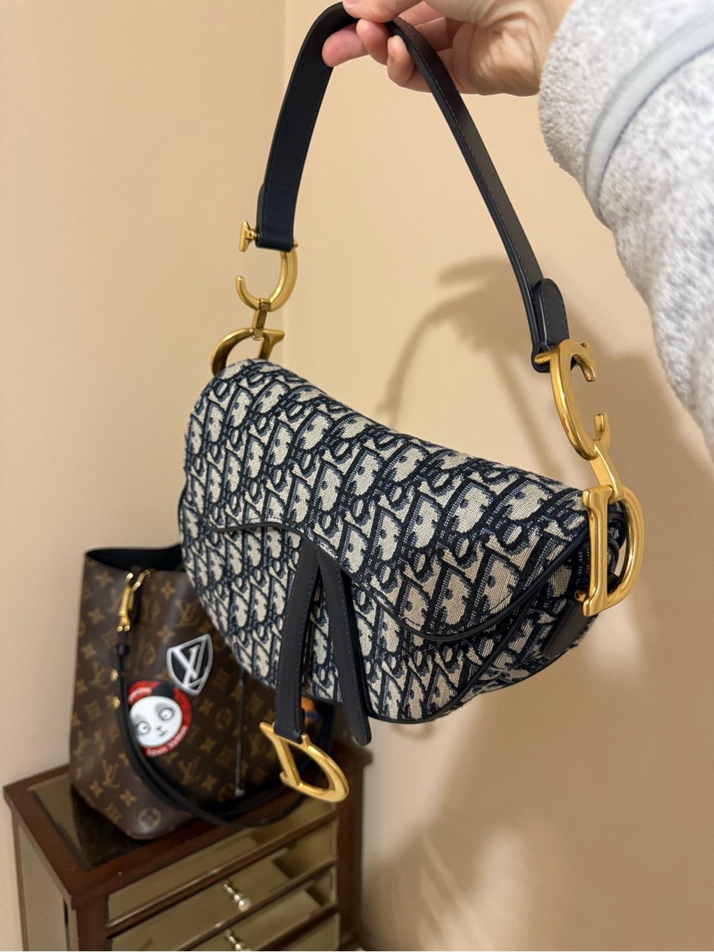 Dior Navy and Cream Saddle Shoulder Bag with Gold 'D' Charm - Picture 2 of 2
